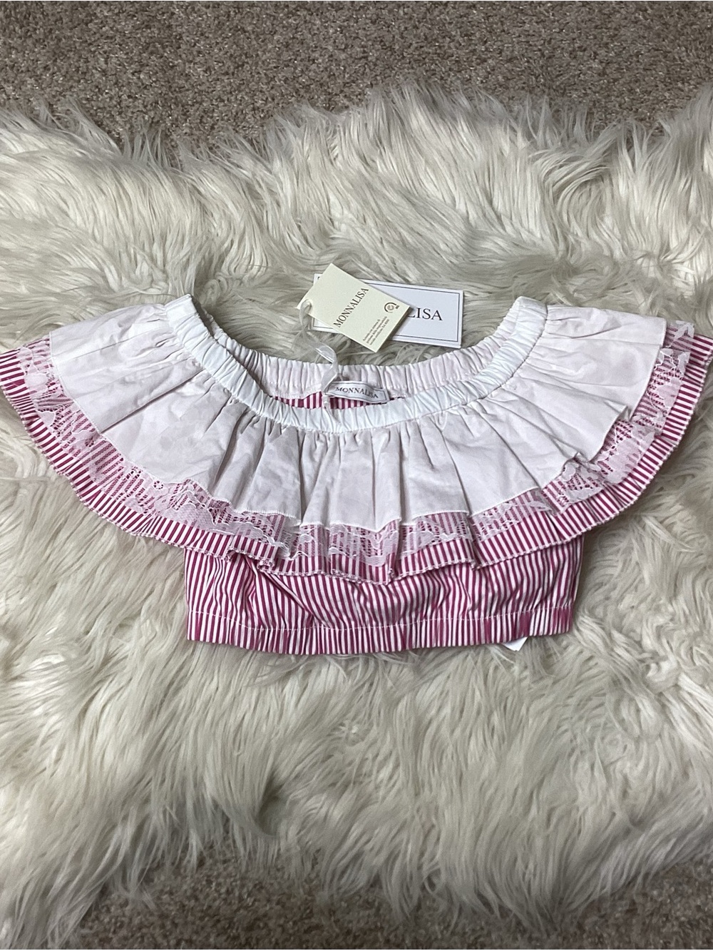 MonnaLisa NEW Pink & White Cropped Striped Ruffle Off-Shoulder Top 7